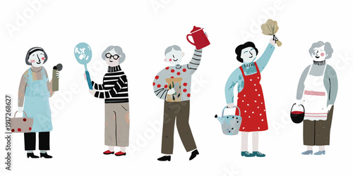 A group of elderly women illustrated in a playful whimsical style