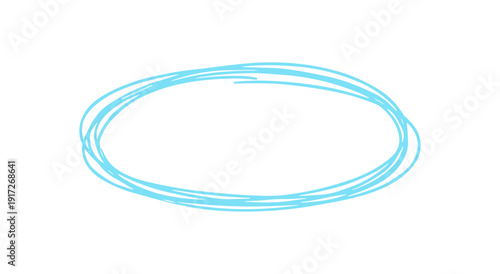 Light blue hand drawn circle marker or highlighter isolated on transparent background, scribble oval frame