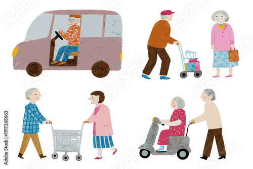 Illustration depicting senior citizens with mobility aids and a vehicle