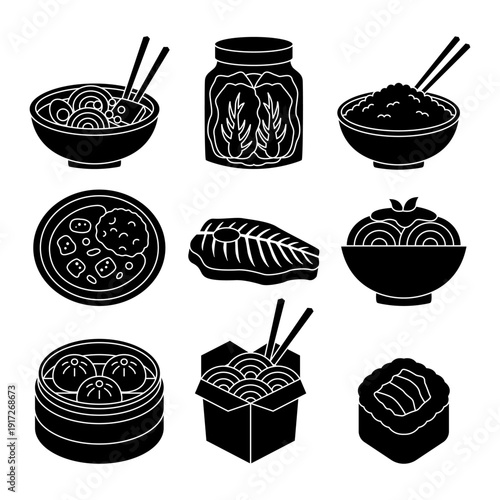 Asian Cuisine Solid Black Icon Set with Sushi Ramen Dumplings and Noodle Bowl Silhouettes