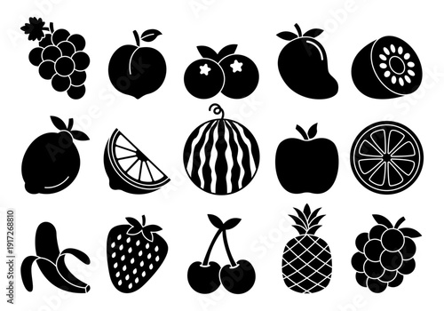 Black Fruit Silhouette Collection with Bold Solid Shapes for Logo and Packaging Design