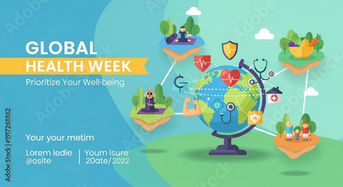Global health week illustration with a globe and icons representing well being and healthcare on a blue and green background