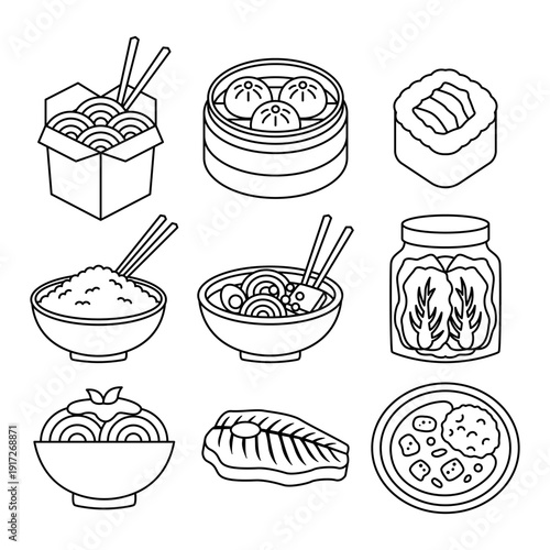 Asian Food Line Art Icon Set with Noodles Sushi Ramen and Traditional Dishes Outline Style
