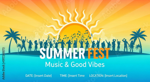 Vibrant summer festival silhouette with music notes and palm trees at sunset good vibes event