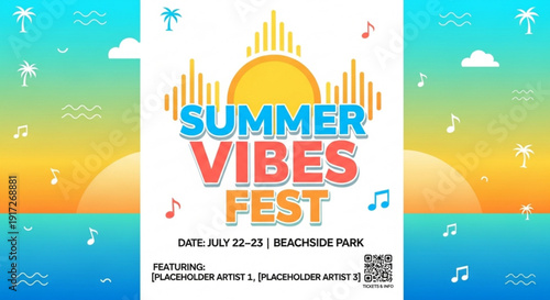 Summer music festival advertisement with colorful sunset background and musical notes
