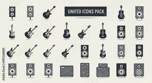 Collection of music icons including guitars and speakers for audio equipment and musical instruments