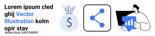 Finance, digital marketing, data analysis, technology, business growth, social media sharing. Money bag with dollar symbol, sharing icon person analyzing graph. Finance and digital marketing concept