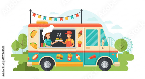 Colorful food truck serving customers in a park with trees and a festive banner on a sunny day