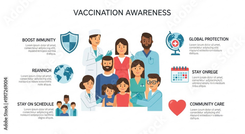 Vaccination awareness concept with diverse people and medical professionals promoting community care and global protection