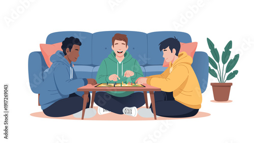 Three diverse friends playing a strategic board game together in a cozy living room, a modern vector illustration of indoor fun and friendship
