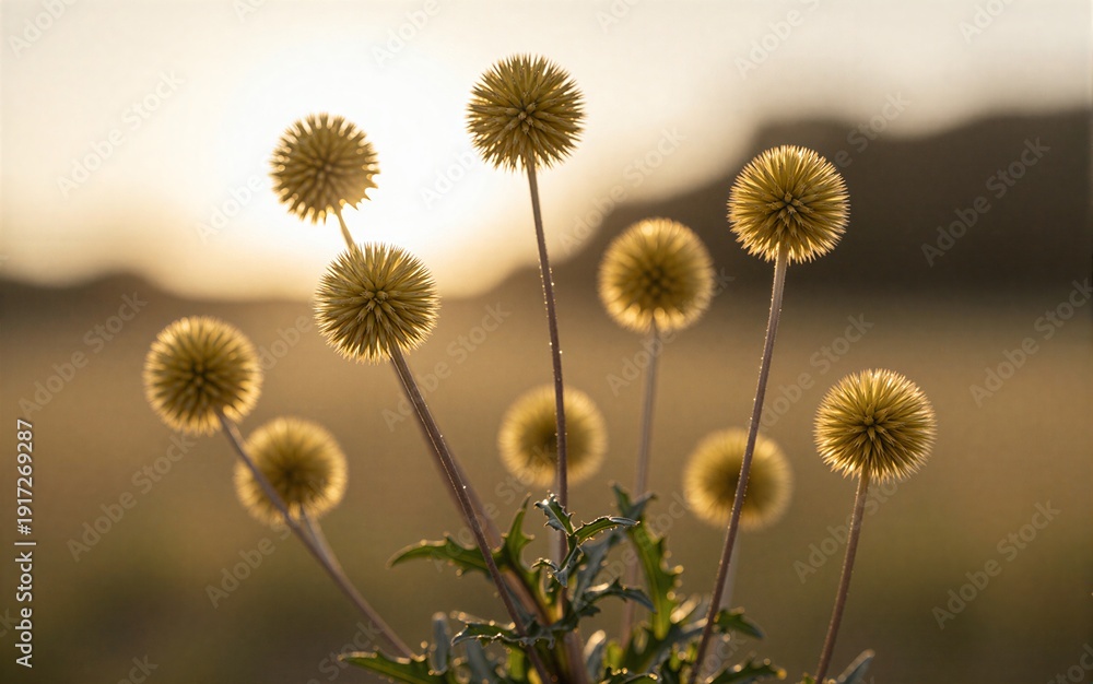 Obraz premium Golden thistle blooms sway gently in soft sunlight natures delicate