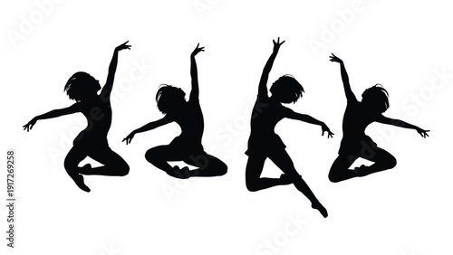 Five silhouettes of dancers in mid-jump against a white background isolated on white background, Vector