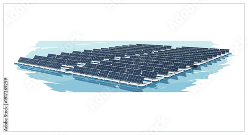 A large array of solar panels floating on the surface of a body of water, representing renewable energy generation.