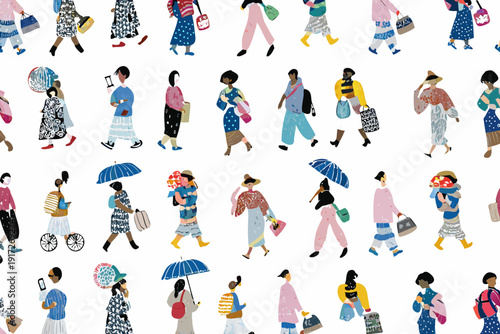 A colorful pattern of illustrated women with shopping bags and umbrellas