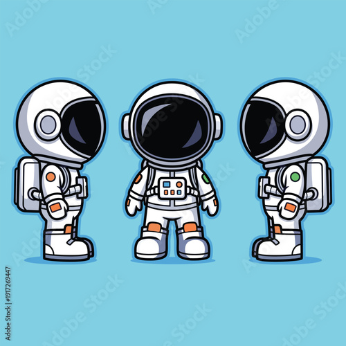 Character vector charming cartoon astronauts in white space suits, ready for a cosmic adventure, inspiring exploration and discovery of the universe