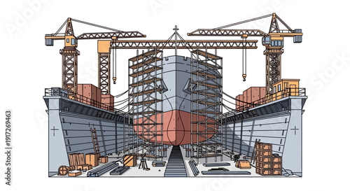 A large ship under construction in a dry dock with cranes and scaffolding surrounding it.
