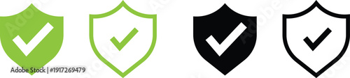 Shield Check Mark Icons Set – Security, Protection and Verified Badge Vector Collection
