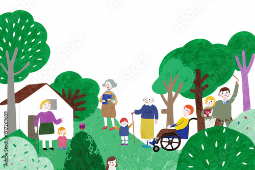 A colorful illustration depicts a group of people enjoying a park