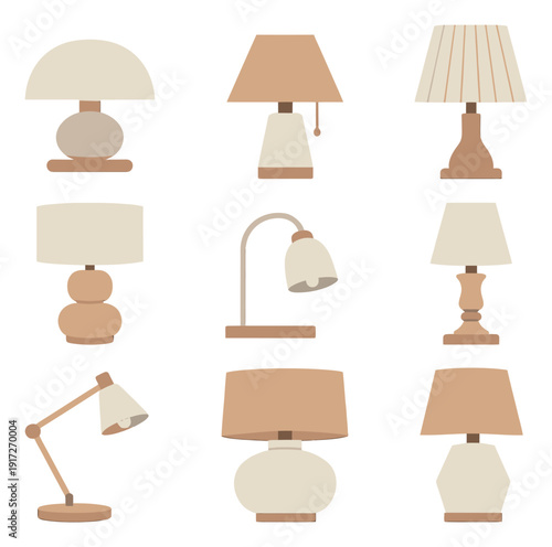 Minimalist flat design lamps set featuring various contemporary styles for home decor