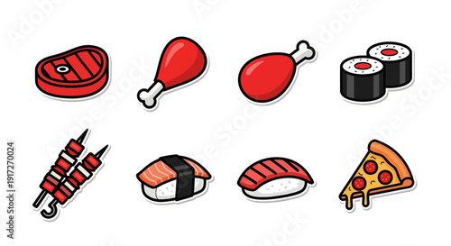Delicious Food Icons Set: Sushi, Steak, Grilled Chicken, Yakitori Skewers, and Pepperoni Pizza Slice - Vector Cartoon Stickers