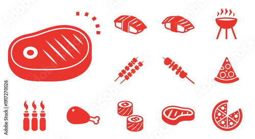 Red Food Silhouette Icon Set: Minimalist Meat, Sushi, BBQ, and Pizza Vector Illustrations for Menu Design