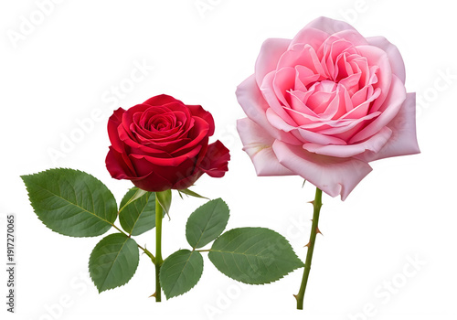 Two beautiful roses with pink and red blossoms on white background isolated on transparent background