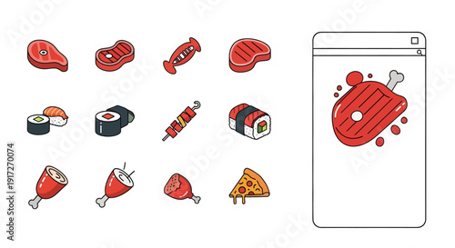 Meat and Sushi Food Icons Set with Mobile App Interface Illustration