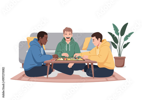 Vector illustration of three friends sharing a meal together on the floor at home