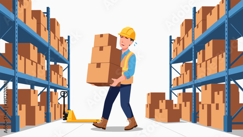 Vector illustration of a worker carrying boxes in a warehouse storage facility with shelving units and inventory management