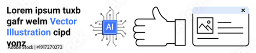 Technology, AI integration, content development, digital transformation, approval systems, automation. AI chip with circuit, thumbs-up gesture and digital content interface. Technology and AI
