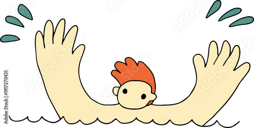 A young man with red hair swims and drowns with his hands raised above his head, hand drawn with black, curved grunge lines