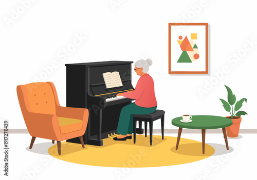 Serene Older Woman Playing Piano in Cozy Living Room with Abstract Art Vector Illustration 38.eps