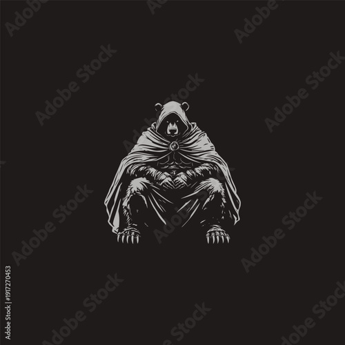 Mysterious bear warrior wearing a hooded cloak sitting in a dark minimalist engraving style.