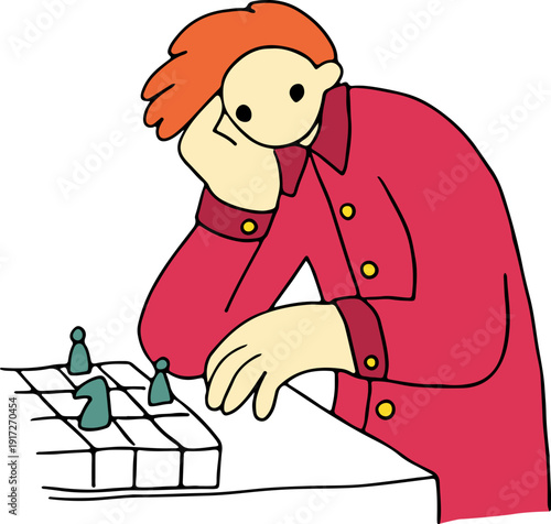 A young man in a red shirt plays chess and looks thoughtfully at the chessboard, hand drawn with black, curved grunge lines