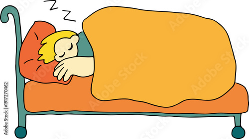 A young man is fast asleep on orange bed linen, covered with a blanket, the letters Z are flying, full size, hand drawn with black, curved grunge lines