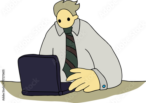 A male office worker in office business attire in a tie sits at a table and works on a laptop, hand drawn with black, curved grunge lines