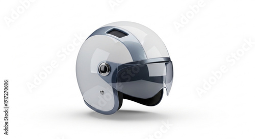Shiny silver motorcycle helmet with dark visor on white background