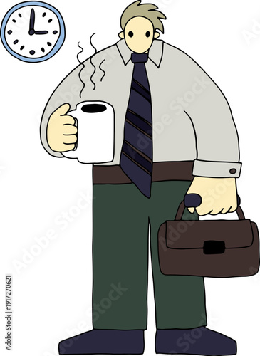 A male office worker wearing a tie stands in office business attire and holds a cup of coffee and a briefcase in his hands, full size, hand drawn with black, curved grunge lines