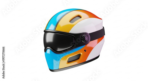 Colorful motorcycle helmet with black visor on white background
