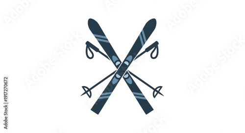 Crossed blue skis and ski poles on white background for winter sports