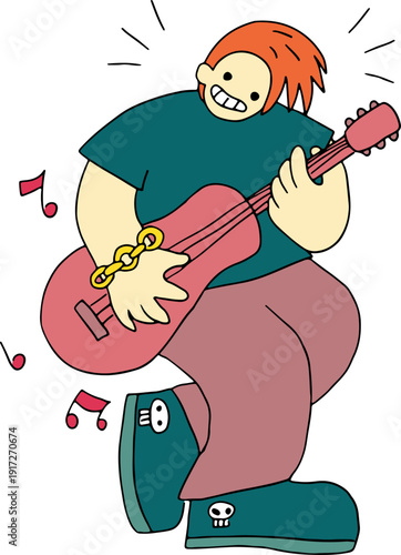 A young man with red hair, a rocker guy, happily plays the guitar and smiles while dancing, full size, hand drawn with black, curved grunge lines