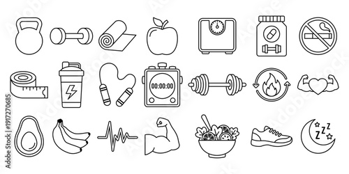Healthy Lifestyle Line Icon Set with Fitness Nutrition Workout and Wellness Symbols