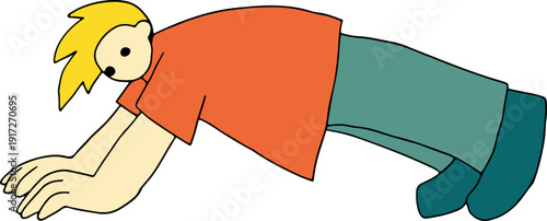 A young man in a orange T-shirt doing push-ups, full size, hand drawn with black, curved grunge lines