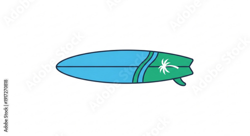 Vibrant blue and green surfboard with white palm tree design on white background