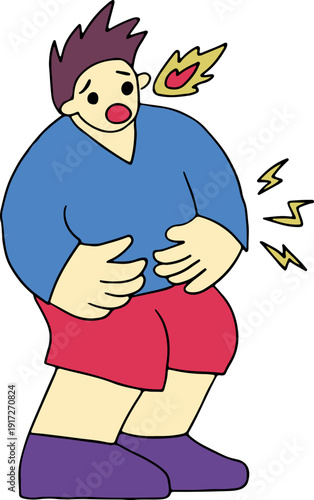 A young man with hair on end with heartburn is holding his stomach and experiencing sharp pains, full size, hand drawn with black, curved grunge lines