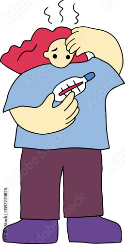 A young girl with long red hair with a high temperature holds her hot forehead and looks at a thermometer, full size, hand drawn with black, curved grunge lines