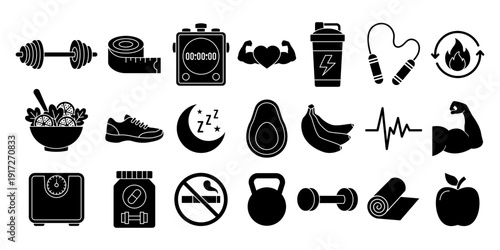 Healthy Lifestyle Solid Black Icon Set with Fitness Nutrition and Workout Symbols