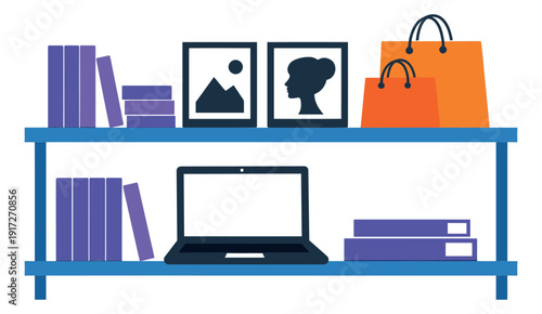 Modern flat design bookshelf set featuring books, framed pictures, shopping bags, and a laptop for home office organization