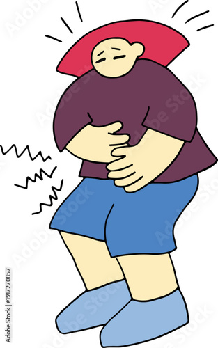 A young girl with red hair is suffering and experiencing severe sharp pain and is holding her stomach, full size, hand drawn with black, curved grunge lines