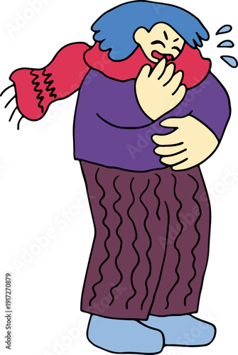 A young girl is coughing heavily and is sick, wrapped in a thick red scarf in dark-colored clothes, full size, hand drawn with black, curved grunge lines